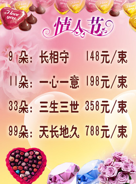752海报印制展板写真喷绘216七夕情人节巧克力钻石玫瑰花价格表