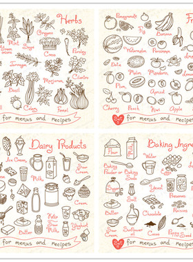 A2370矢量卡通手绘简笔画食物图标ICONS蔬菜水果零食 AI设计素材