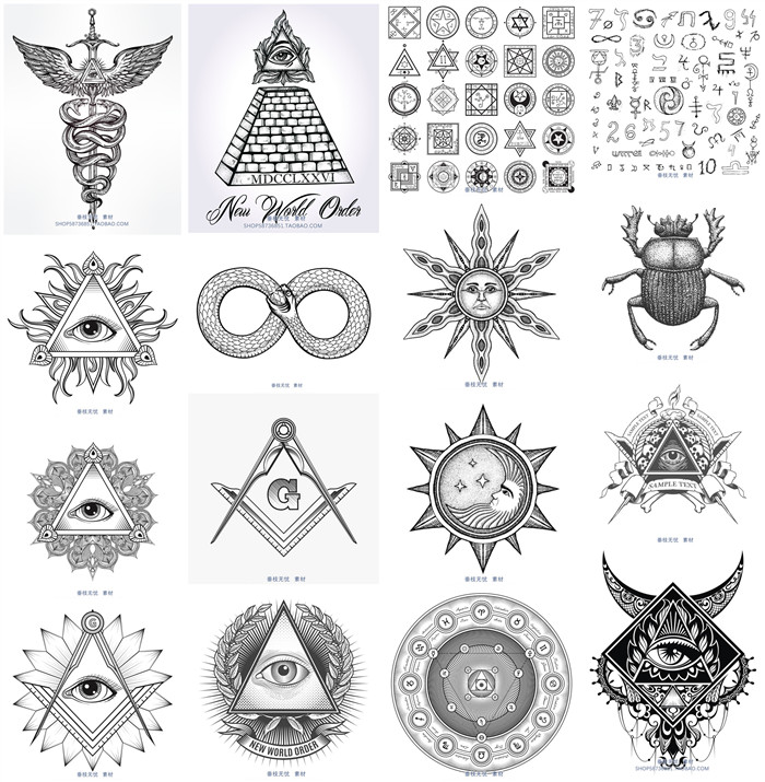 A2227矢量复古原始图腾神秘主义风格蛇符号眼睛太阳 AI设计素材