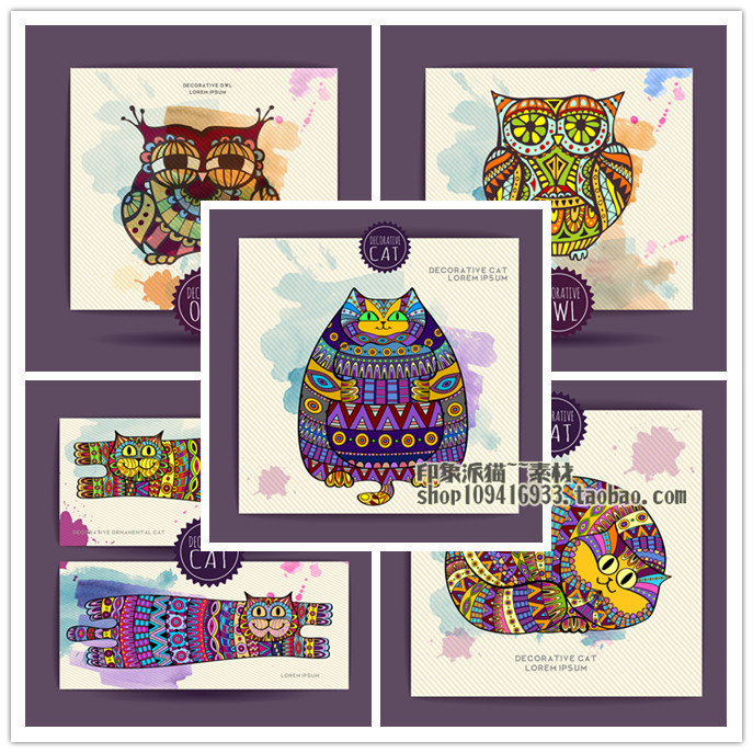 矢量设计素材 可爱彩色条纹花纹猫头鹰手绘水彩背景 EPS格式