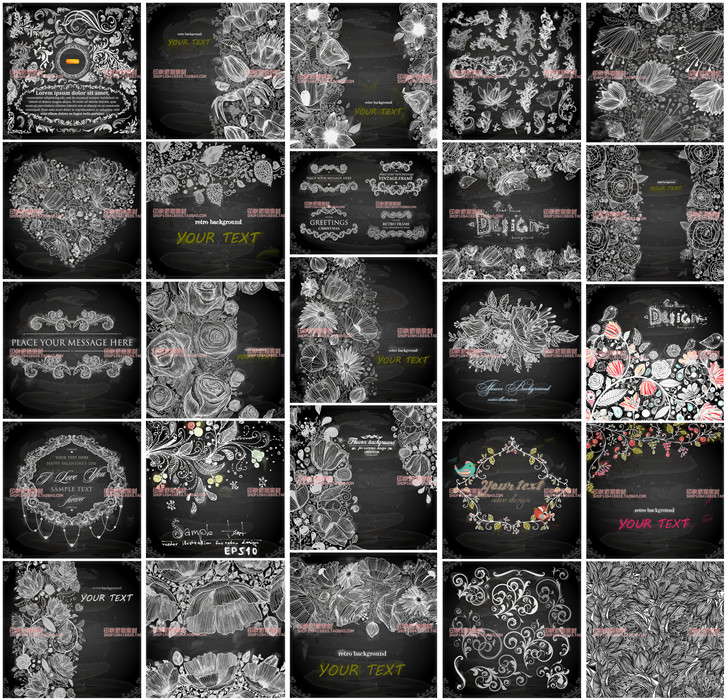 A0298矢量AI设计素材 25张黑板粉笔花草蕾丝欧式花纹花边手绘背景
