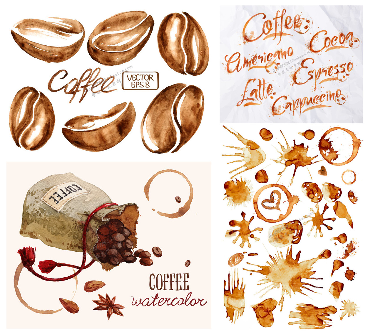 A1866矢量水彩风格咖啡豆咖啡渍英文字母图案 AI设计素材