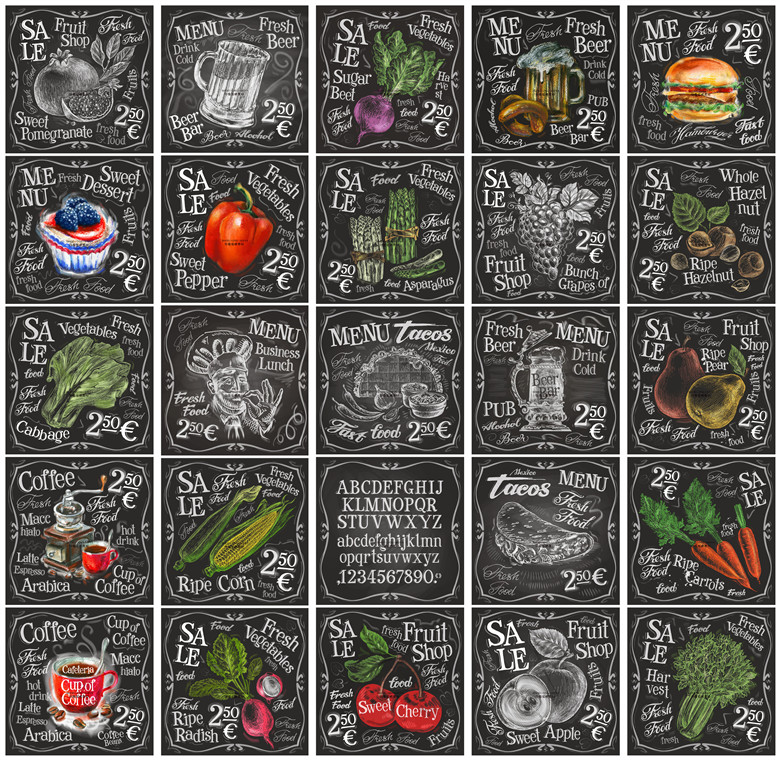 矢量设计素材 25张黑板粉笔食物菜单海报模板咖啡啤酒蔬菜汉堡EPS