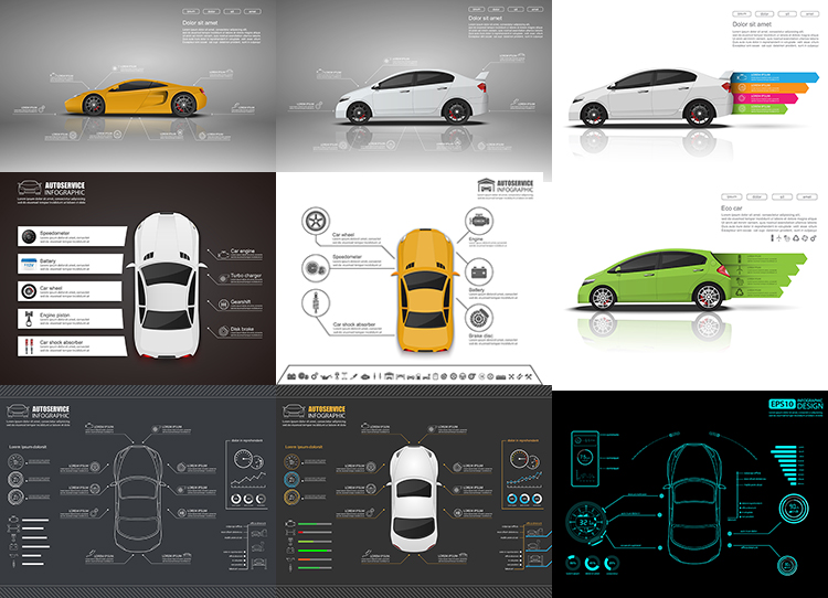 汽车配件信息图表AI矢量素材 9款汽车零件元素信息图 设计素材