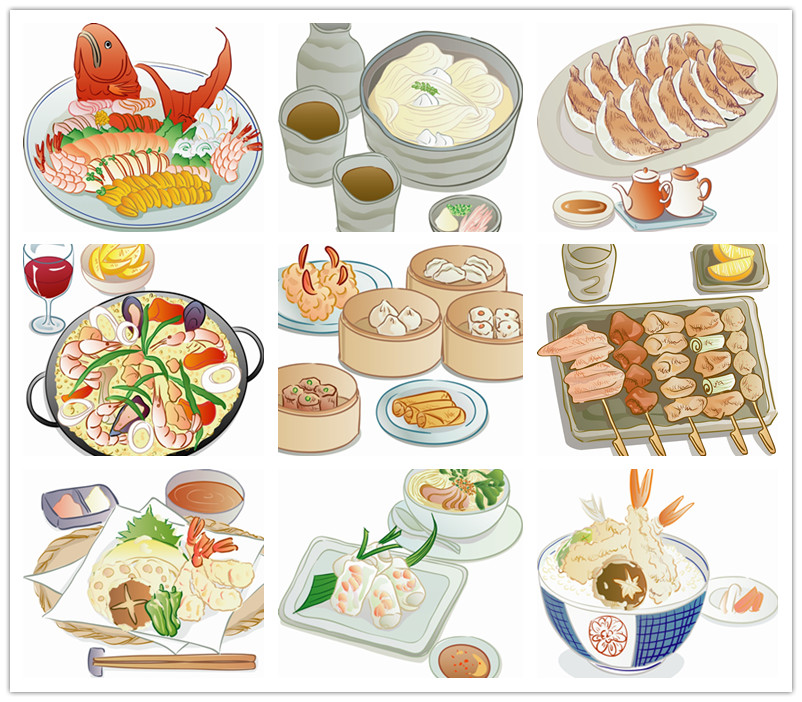 A0256矢量卡通食物烧卖煎饺刺身烧烤拉面 AI设计素材