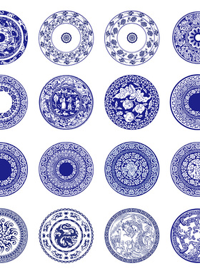 圆形青花瓷花纹 中国风古典精美蓝色花纹纹样 AI格式矢量设计素材