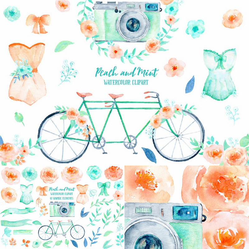134马卡龙婚礼自行车小礼服清新婚庆创意手绘水彩PNG免扣设计素材