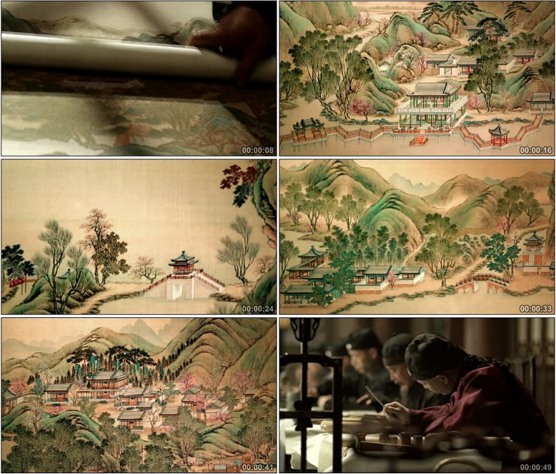 古代清朝 宫廷画院绘制山水图园林圆明园建筑图高清视频素材