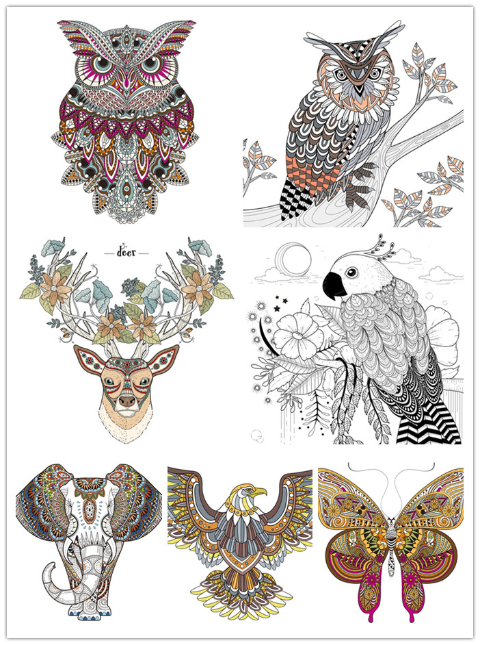 A1636矢量彩色花纹手绘图案动物猫头鹰鹿鹦鹉大象蝴蝶 AI设计素材