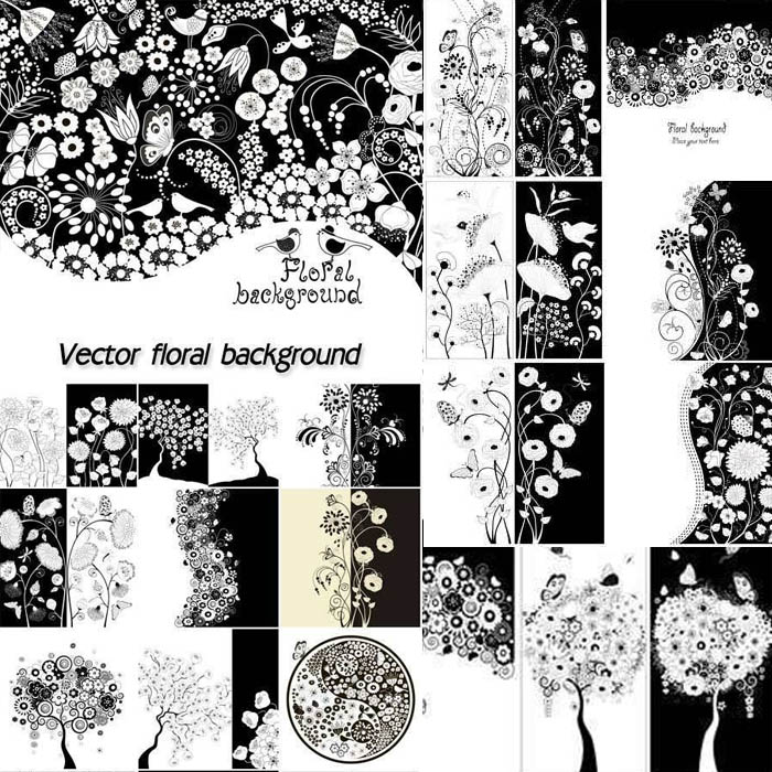 A2675矢量黑白风格花朵树叶花纹插画背景图 AI设计素材