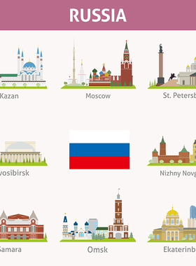 俄罗斯著名地标建筑 8款卡通标志性景点图标 AI格式矢量设计素材