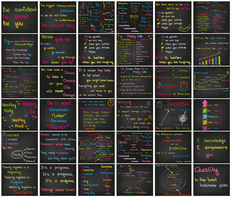 矢量设计素材 73张黑板彩色粉笔风格英文励志短语名言海报模板EPS