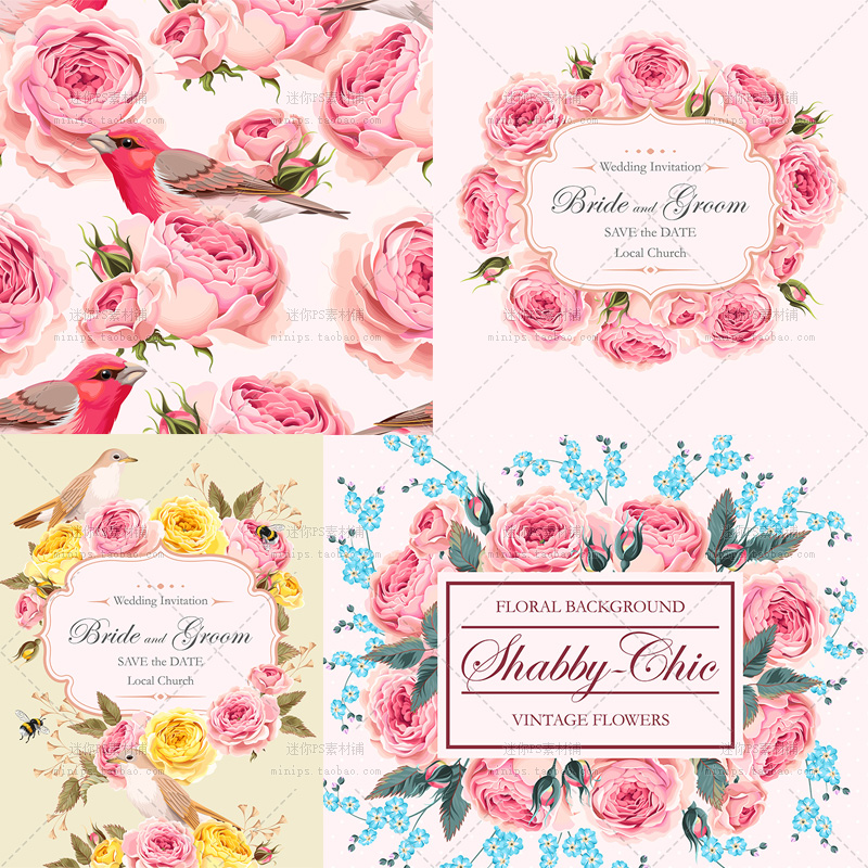 386号唯美粉色玫瑰花婚礼请柬卡片图案四方连续花型矢量设计素材