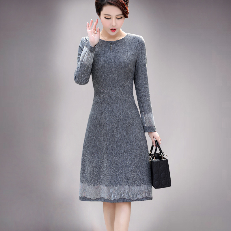 airangel原创品牌秋冬女装气质优雅定位钉珠羊毛呢修身长袖连衣裙