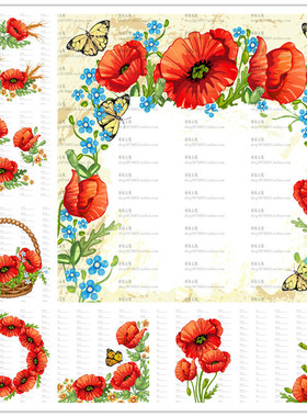 A1637矢量手绘花朵罂粟花花篮蝴蝶装饰边框图 AI设计素材