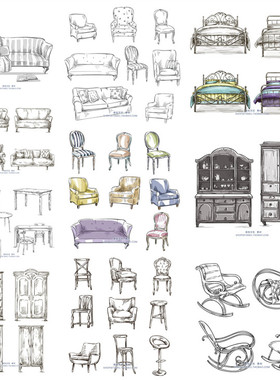 A1398矢量手绘家具插画沙发椅子摇摇椅床衣柜线稿图 AI设计素材