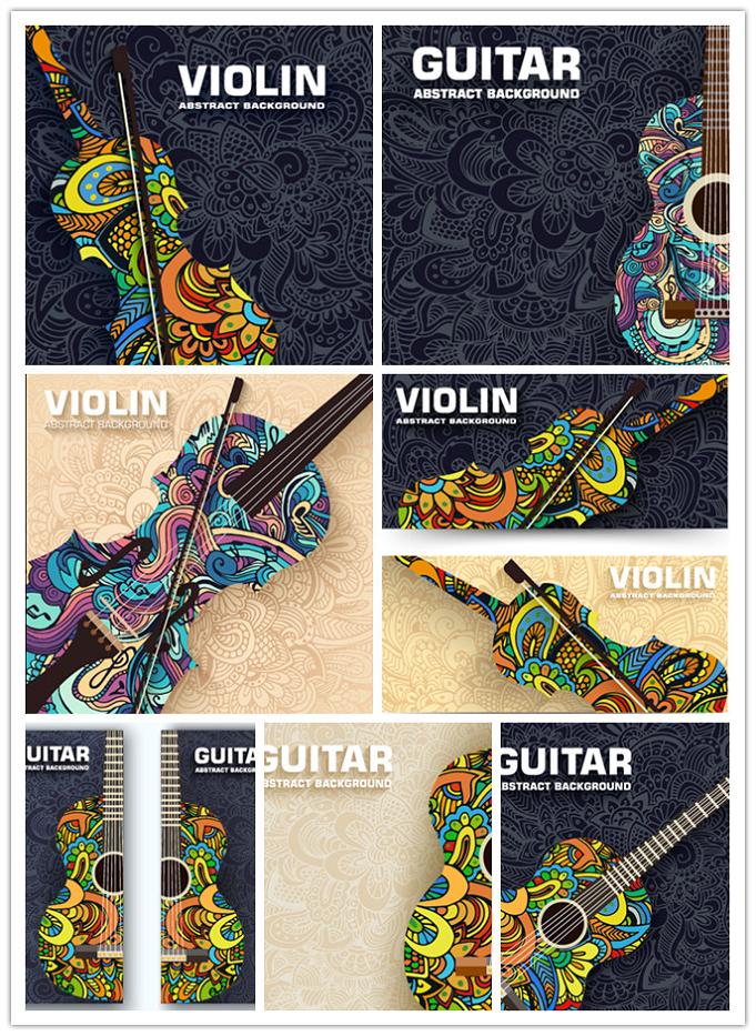 矢量设计素材 印花图案吉他小提琴欧式纹饰花纹背景 EPS格式