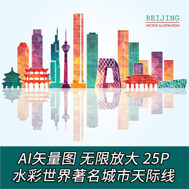 A1684矢量著名城市天际线建筑风格水彩手绘北京上海 AI设计素材