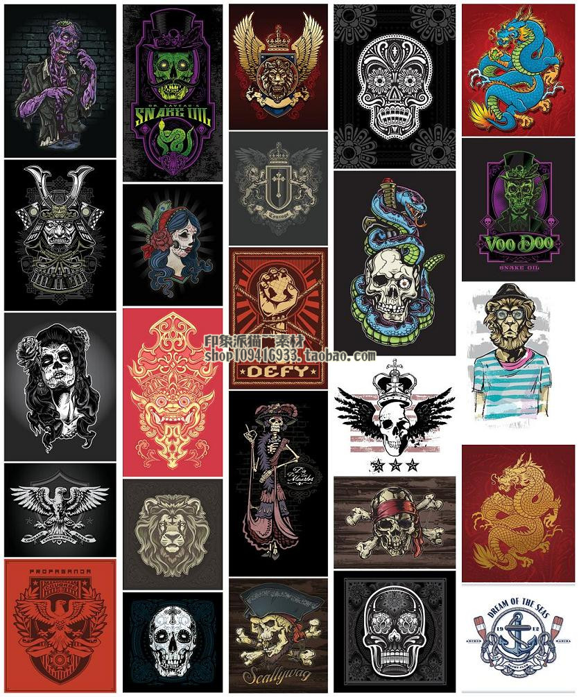 矢量设计素材 25张黑暗风格纹身T恤图案骷髅僵尸狮子欧式纹章 EPS