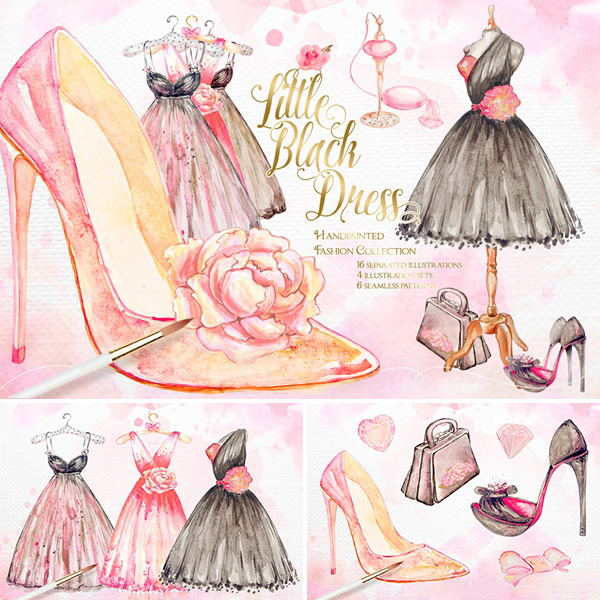 手绘水彩粉色系可爱女孩裙子高跟鞋包包婚礼手账DIY贴图PNG免抠