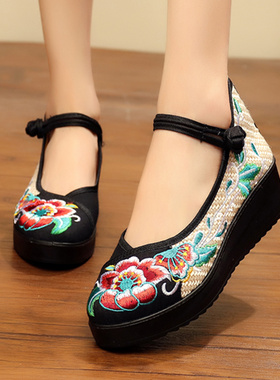 春秋季老北京民族风布鞋高跟女鞋坡跟绣花鞋布鞋厚底平底女单鞋子