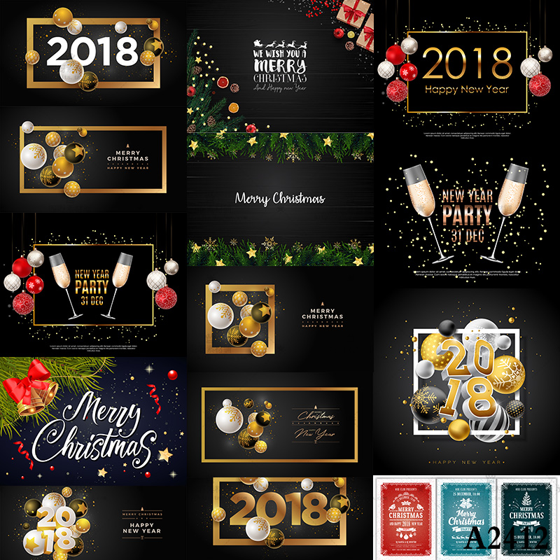 2018年圣诞节新年节日黑金横幅背景海报模板EPS矢量图片设计素材