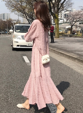 2022夏季新款韩版女装显瘦粉色鱼尾裙子雪纺气质连衣裙小清新长裙