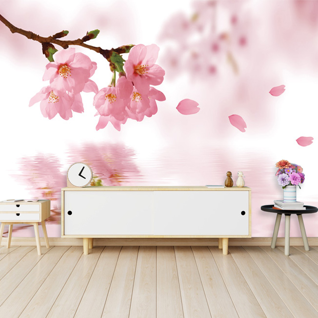 大型壁画墙布浪漫婚房背景墙纸客厅电视沙发卧室壁纸粉红樱花002