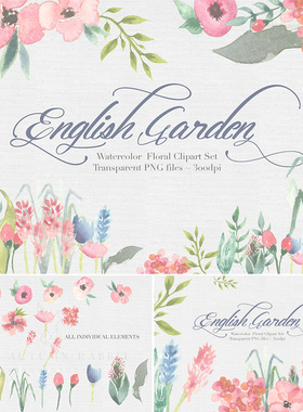 手绘水彩英式花园花卉DIY花朵手账贴图平面海报花边设计PNG素材图