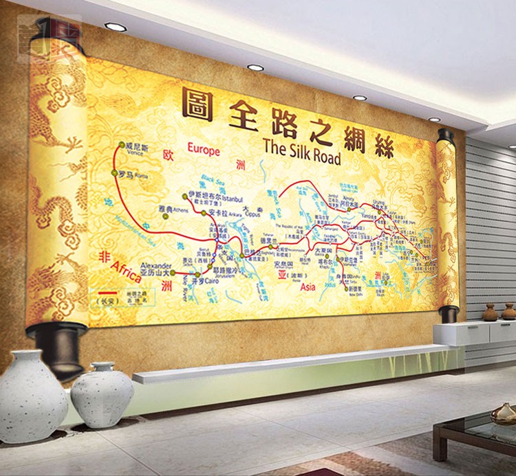 丝绸之路地图壁纸 中国古代贸易商路线图墙纸 外贸公司壁画