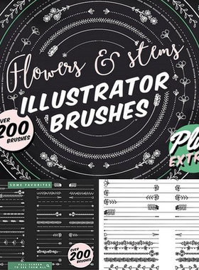 200个手绘花卉花朵叶子箭头 AI笔刷效果海报花边装饰图案设计素材
