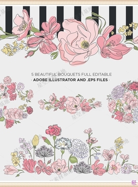 PNG免扣 唯美森系手绘线描粉嫩花朵花卉花边 EPS矢量设计素材