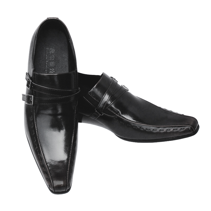 日本新款黑色商务正装双点线男鞋 小方头双搭扣双车线男士皮鞋