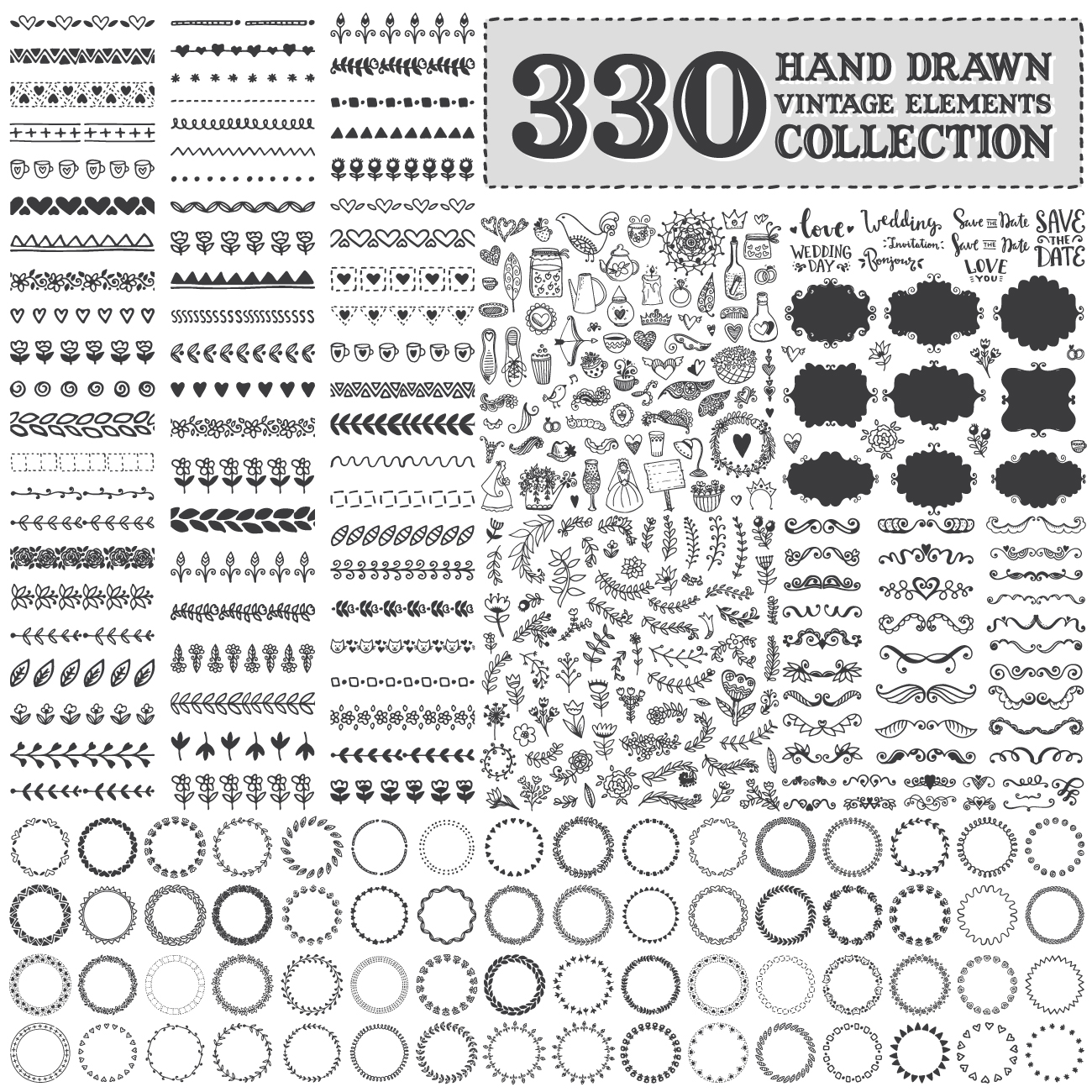 300手绘黑白线描分割线纹饰边框图案花卉矢量花环PSD平面设计素材