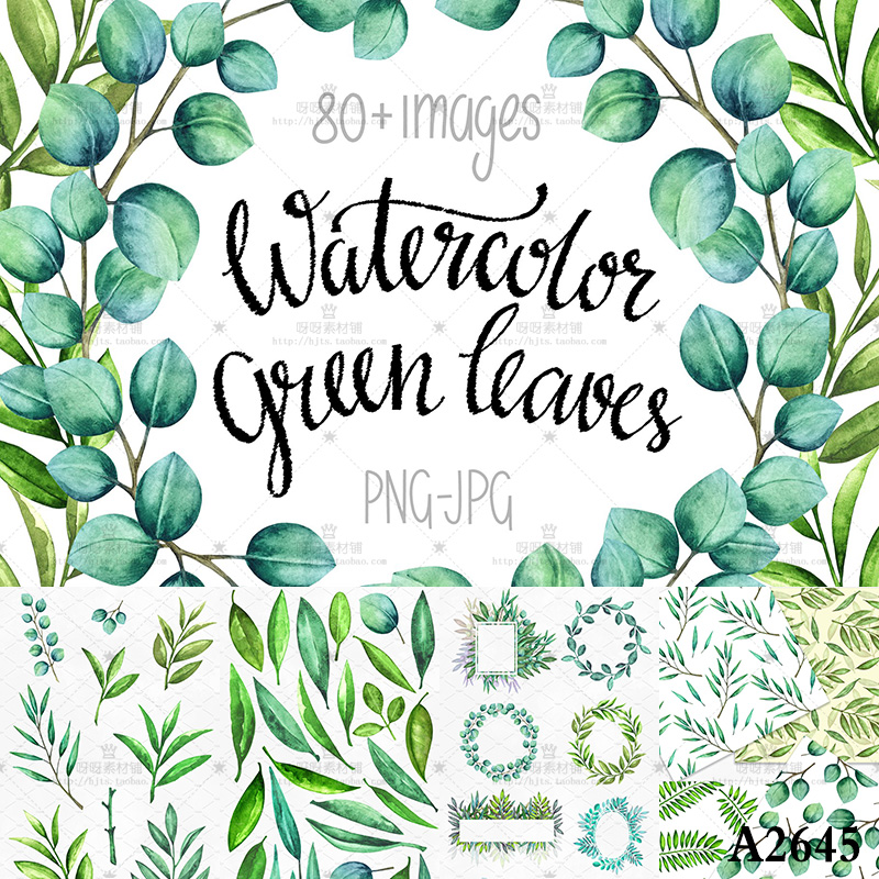 清新绿色树叶子花环边框手绘水彩PNG免抠图贺卡包装海报设计素材
