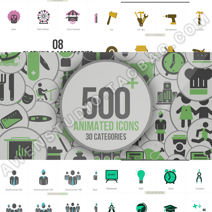 500多个各行业微缩动画图标广告宣传片专题专用MG卡通AE模板