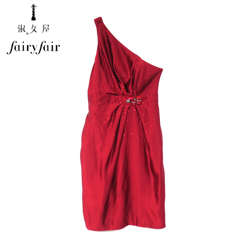 夏装新品 FAIRYFAIR正品深红色单肩优雅高档宴会礼服真丝连衣裙