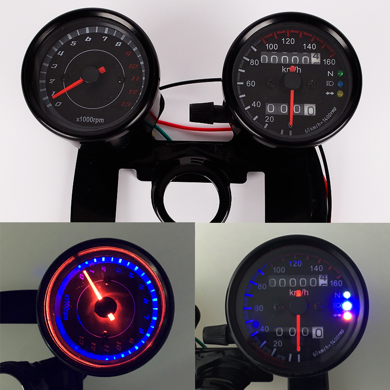 摩托车电子转速里程表复古改装仪表总成带LED夜光12V通用