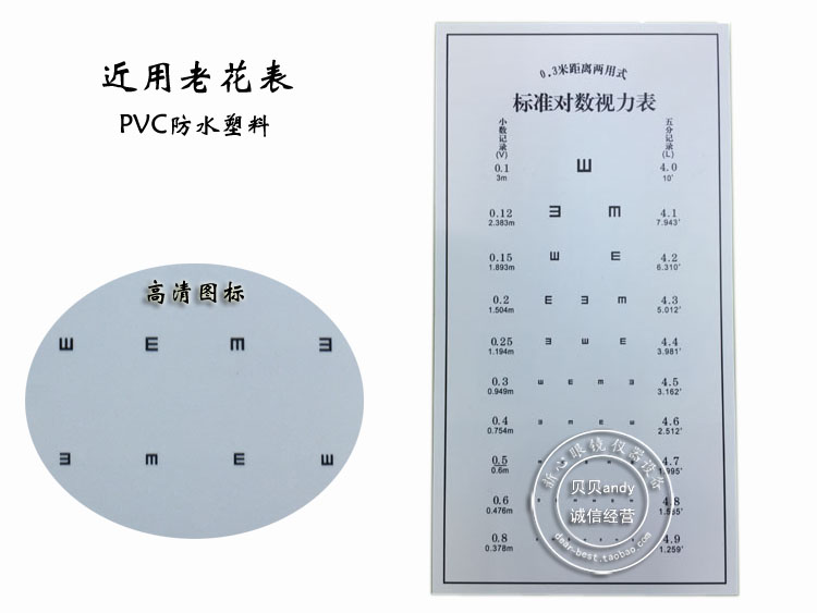 老花验光视力卡近用视力表30cm使用测量高清图标防水塑料板材质