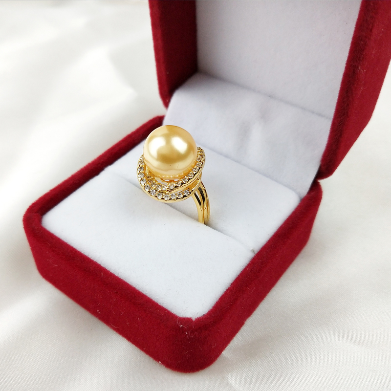 开口可调节戒指女 镶嵌正圆金色天然母贝大珍珠 时尚个性网红韩国
