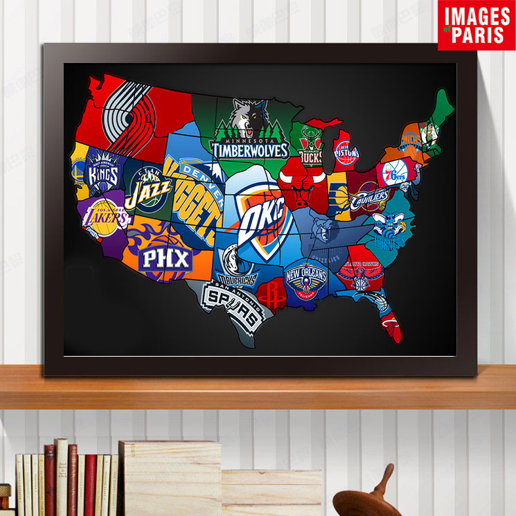 NBA篮球队徽地图装饰画挂画墙画海报骑士勇士公牛热火雷霆壁画