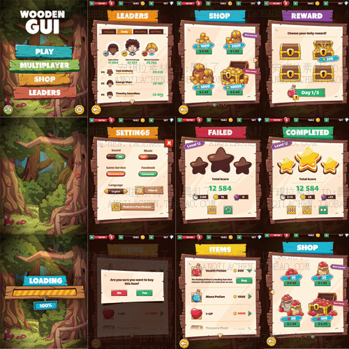 森林宝藏手机游戏界面设计模版gui素材psd