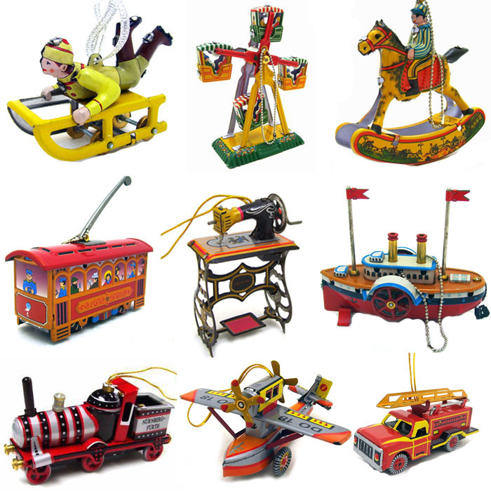 怀旧铁皮玩具外贸圣诞挂件装饰轮船飞机火车船摩托缝纫机雪橇风车