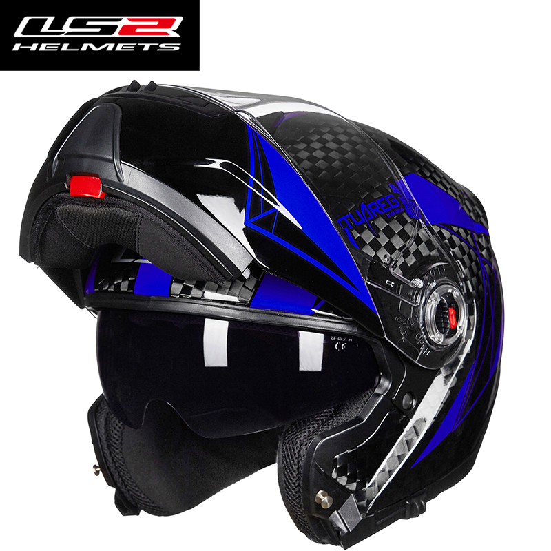 LS2 碳纤维摩托车头盔夏季轻便防雾双镜片揭面盔男女全盔截面半盔