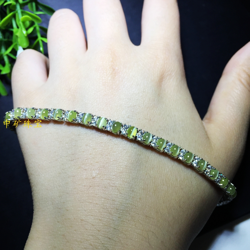 天 然斯里兰卡金绿猫眼手链多粒奢华名贵有色宝石S925银镶嵌热卖