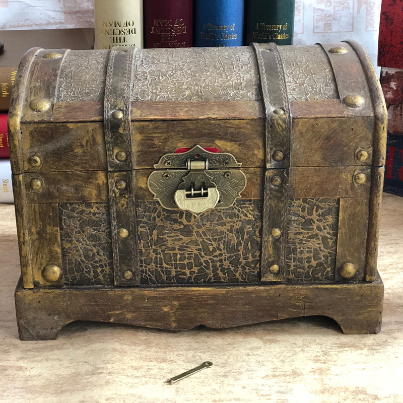 仿古做旧黄金色藏宝箱海盗箱配锁木质古典老式木箱复古道具装饰品