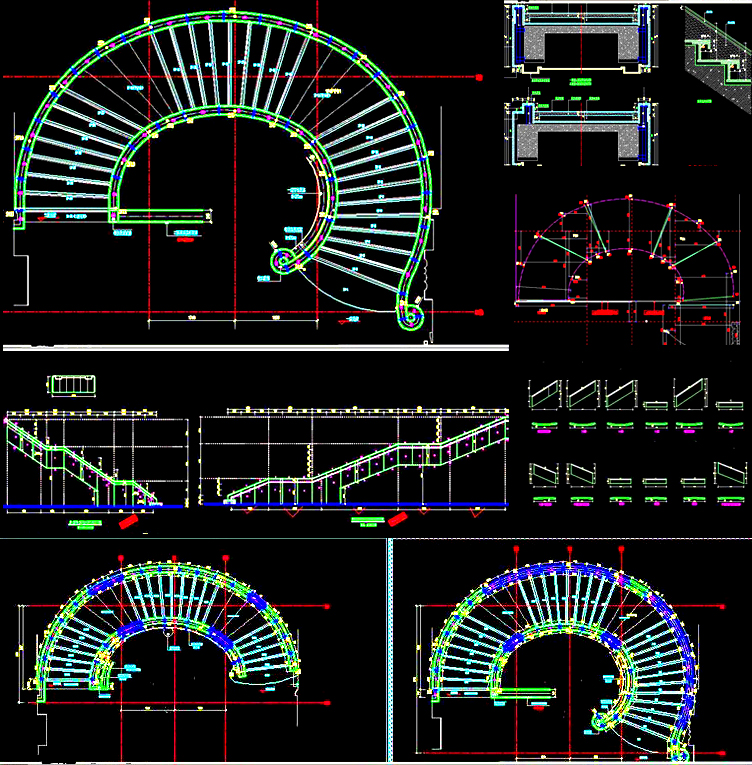 欧/中式风格旋转楼梯设计CAD施工图与分解展开图库资料