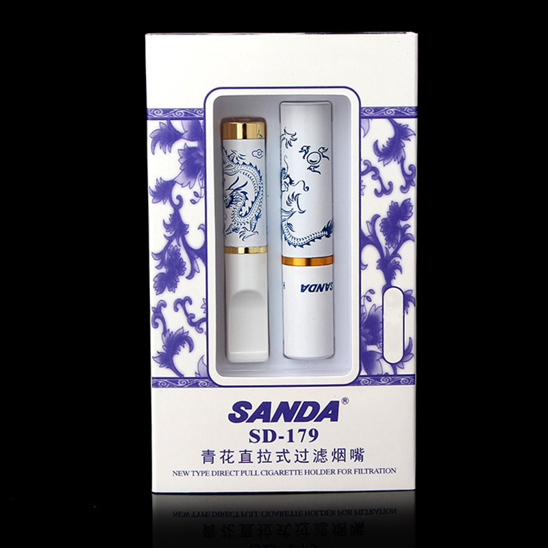 正品SANDA三达青花瓷直拉杆式过滤SD179烟嘴循环清洗型送备用咬嘴