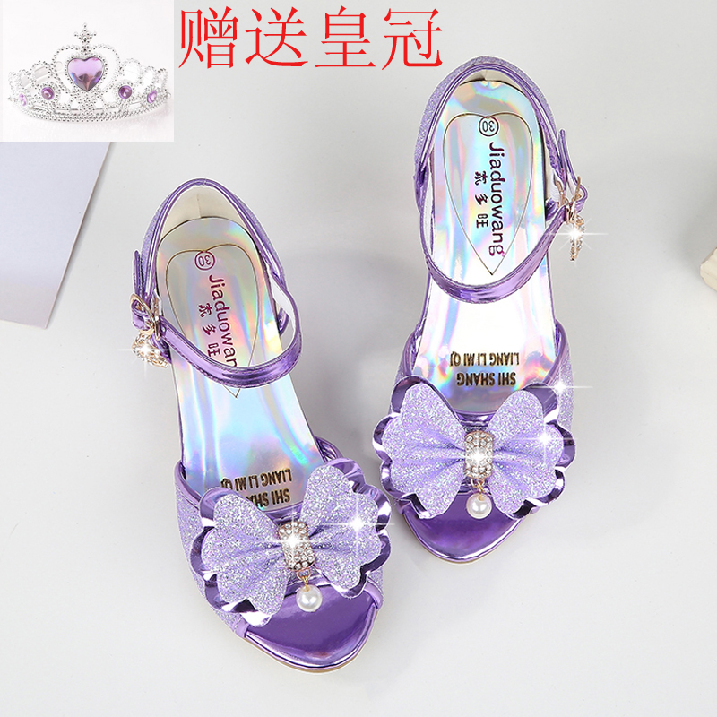 女童凉鞋2024新款韩版夏季公主高跟鞋儿童鱼嘴露趾鞋女孩紫色凉鞋