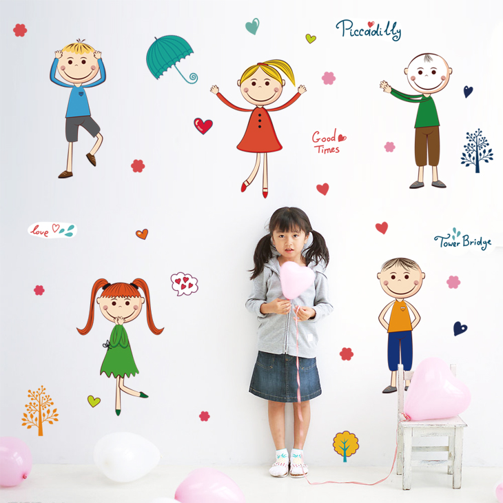 幼儿园小学校卡通墙贴女孩卧室童装店铺小女孩穿裙子打伞贴纸贴画